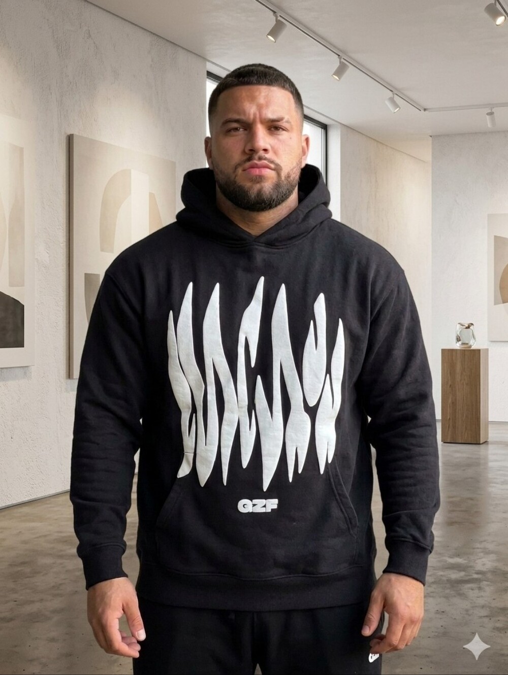 GZF Black Graphic Hoodie with White Distorted Logo Size 2X